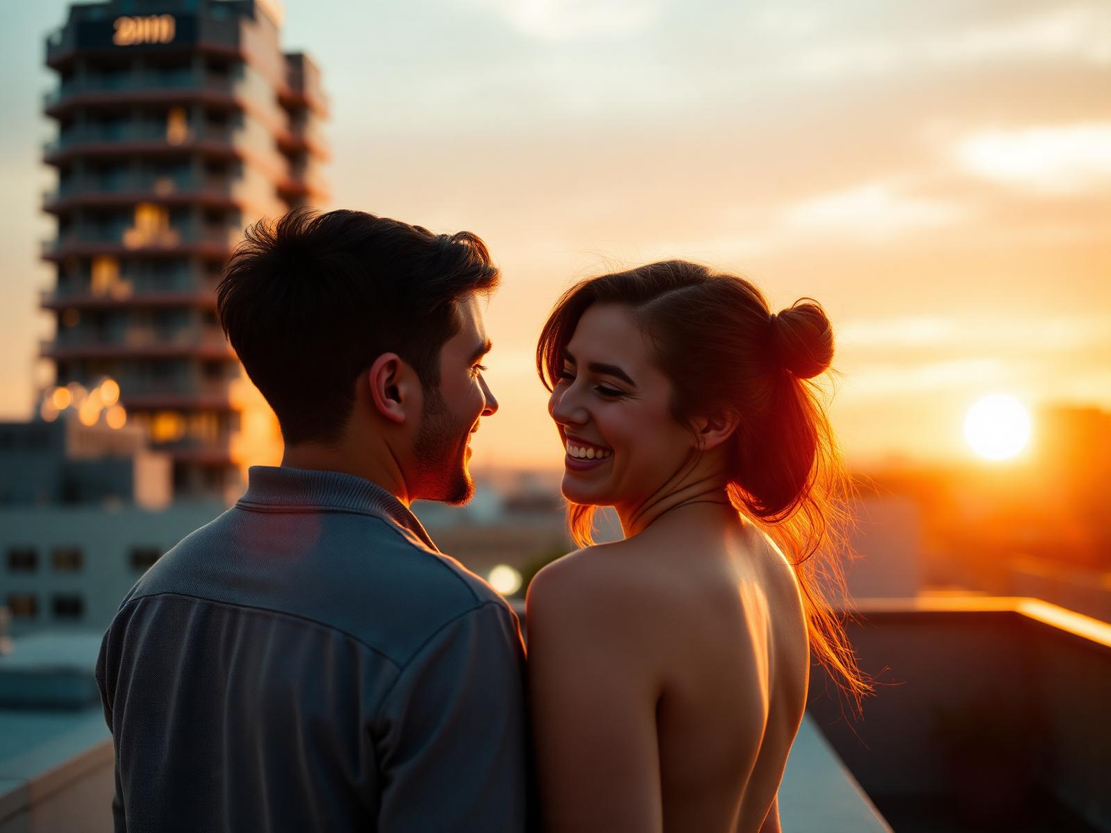 Pareja riendo en una azotea al atardecer